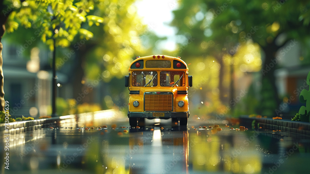 Obraz premium 3D animation of a school bus approaching, filled with eager students, symbolizing the journey back to learning and community , 3D animation style , soft shadowns, clean sharp, clean sharp focus