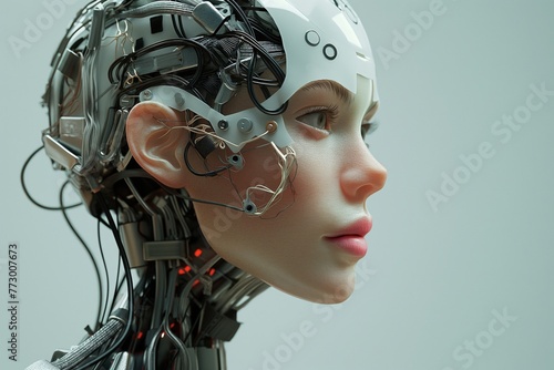 Close-up profile of a humanoid with a complex network of wires and components replacing the cranial structure, symbolizing advanced AI and robotics.