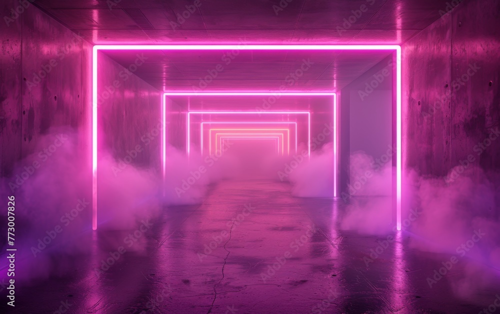 Fototapeta premium Surreal Photography of a hallway lined with 3D neon lights, dimly lit, fog 