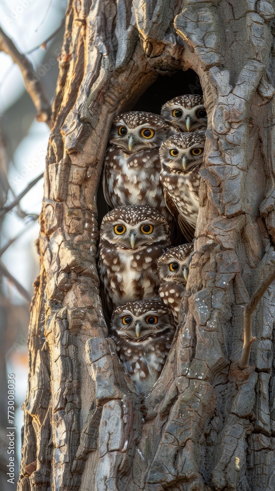 Owls peeking out of a tree hole Owls peeking out of a tree hole