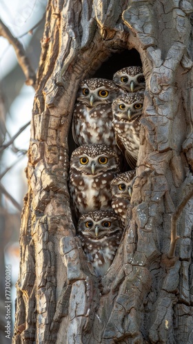 Owls peeking out of a tree hole