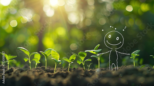 Joyful Stick Figure with Young Sprouting Plants