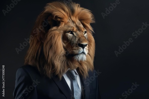 Anthropomorphic lion in elegant suit and tie, charismatic fashion animal portrait