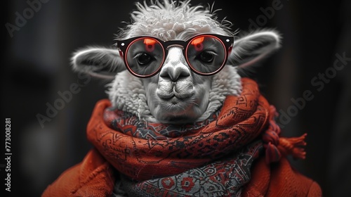 Stylish alpaca wearing glasses and a scarf