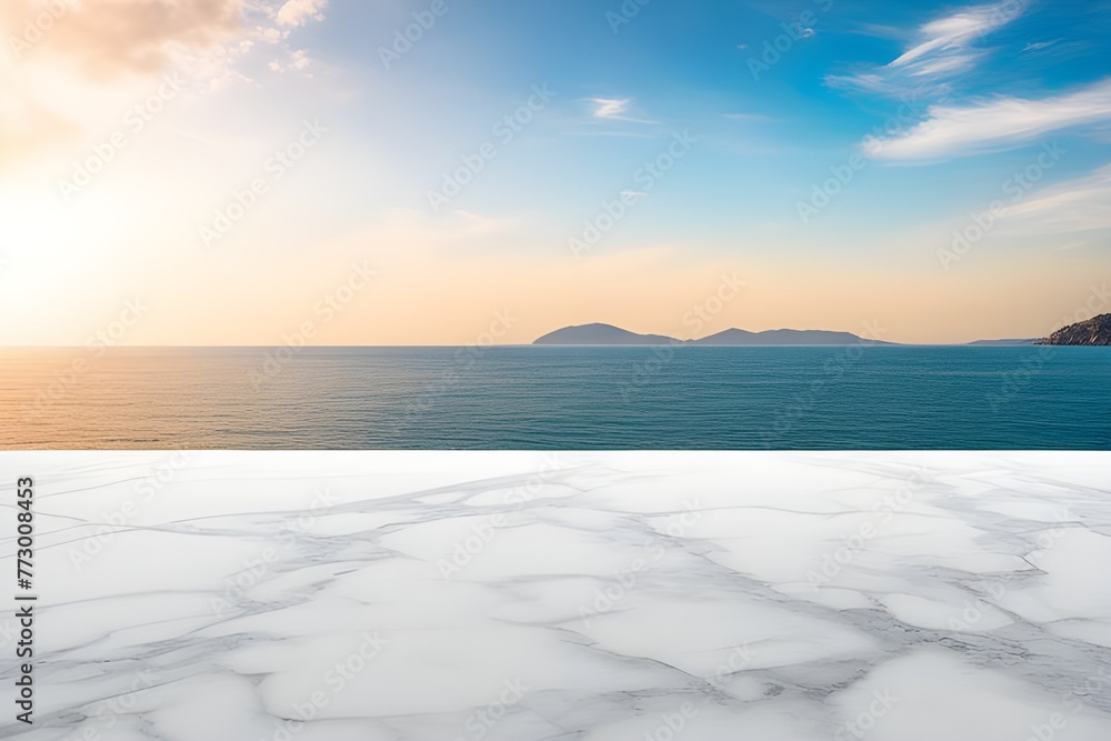 wide white marble table top with sea view