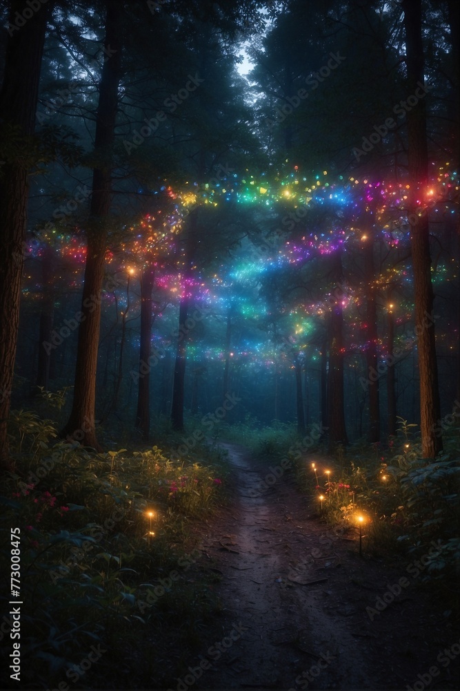 A dark forest filled with many colorful lights