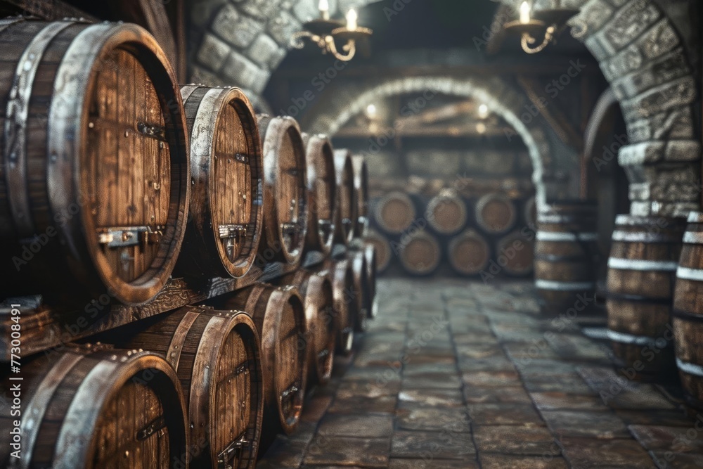 Antique oak wine barrels stacked in old dark cellar, aging cognac whiskey storage, rustic winery interior, 3D render