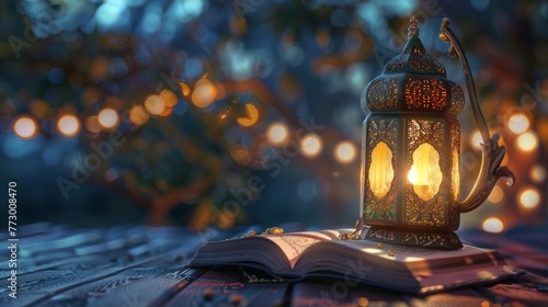 Holy quran and lantern and Arabic nd English text of Eid Mubarak meaning "Blessed Eid" 