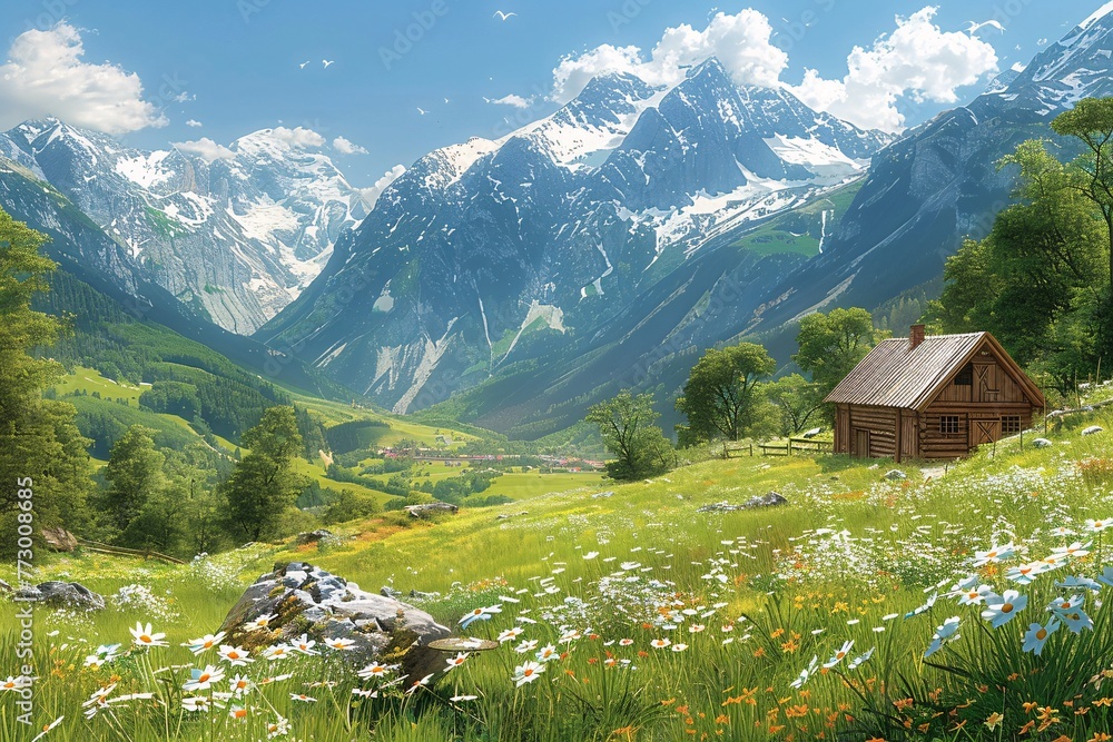 A picturesque mountain village with a charming wooden cabin, surrounded by a lush green field and a vibrant flower garden, all set against a backdrop of majestic snow-capped mountains. Generative AI
