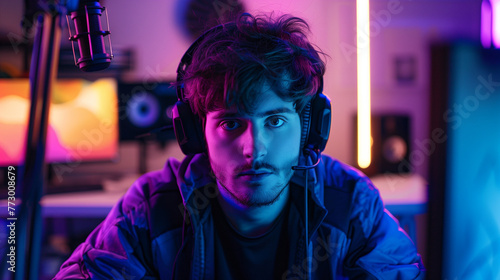 Gamer streamer youtuber or twich streamer young man teenager boy in rgb colored light
