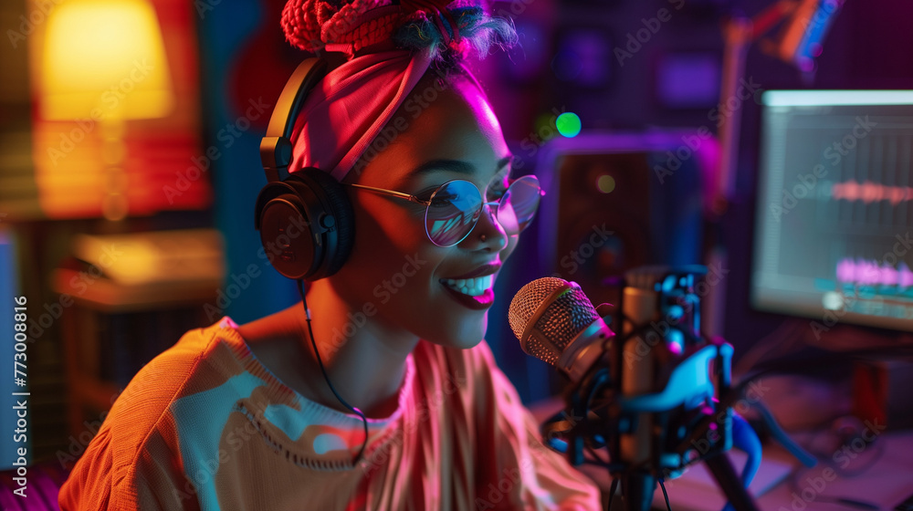 Woman podcaster black woman at the microphone in the studio with modern lights an loft style Woman podcaster black woman at the microphone in the studio with modern lights an loft style