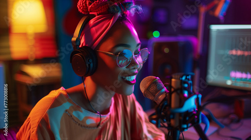 Woman podcaster black woman at the microphone in the studio with modern lights an loft style