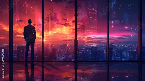 Visionary CEO Contemplates Future City Skyline Under Dramatic Sunset Atmosphere