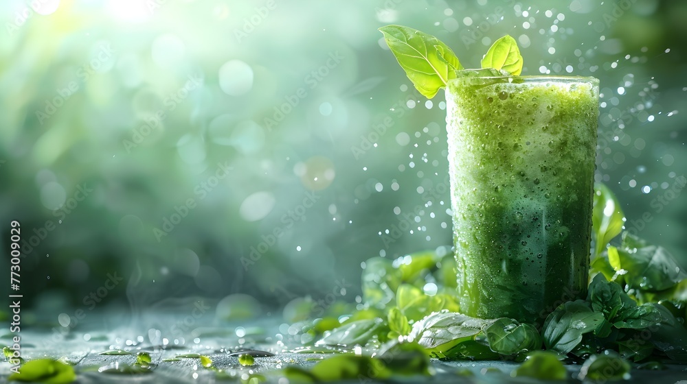 Vibrant Green Smoothie Burst of Vitamins in a Glass with Dewy Nature Background for Healthy Living
