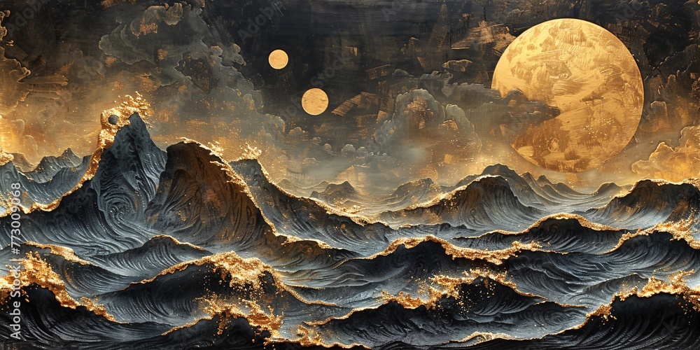 Golden Waves Crashing on a Moonlit Night A Surreal Painting of the Full Moon and Two Suns Generative AI