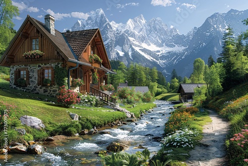 A picturesque mountain village with a flowing stream and a charming wooden house Generative AI