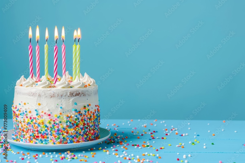 Birthday Cake with Colorful Candles on Blue Table, Festive Celebration Concept Birthday Cake with Colorful Candles on Blue Table, Festive Celebration Concept