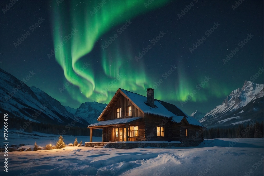 A house in the middle of a snow-capped mountain, illuminated by the northern lights.