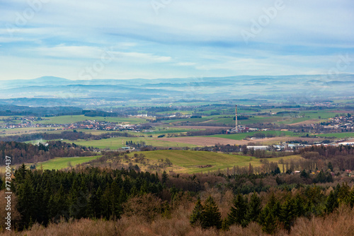 View from drone on green fields, forests and villages in Czechia.