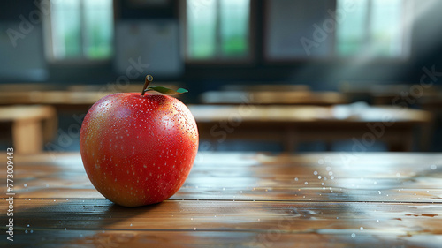 Closeup on a 3D animated apple on a teachers desk, a classic symbol of education, set in a modern, digital classroom , 3D animation style , soft shadowns, clean sharp, clean sharp focus