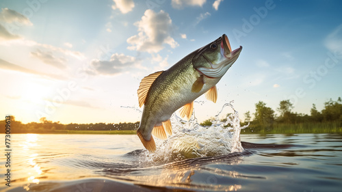 Bass fish jumps out of water catching the fishing lure. Fishing concept. 
