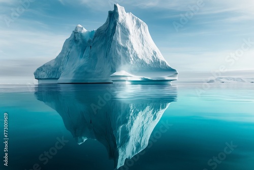 Majestic iceberg reflected in the calm blue waters of the Arctic, symbolizing tranquility and nature's grandeur.