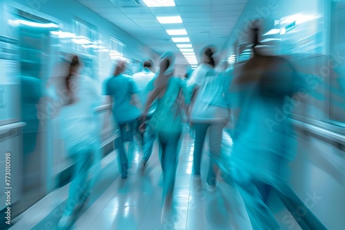 Blurred motion of doctors and nurses in hospital corridor, long exposure photo