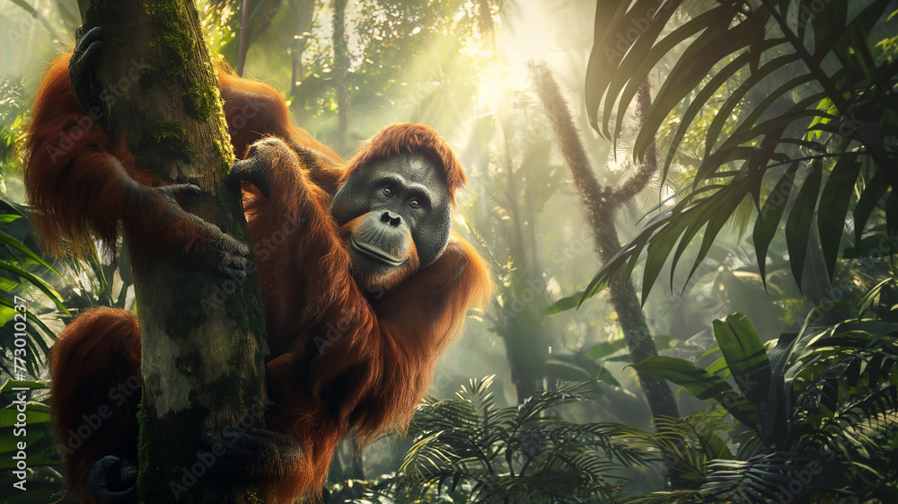 Obraz premium Orangutan hanging from a tree with both hands in the jungle forest, Sunlight shining through the trees