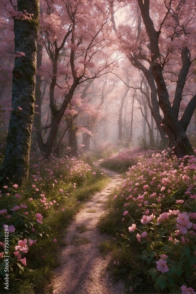 Obraz premium Path in Enchanted Forest with Pink Trees