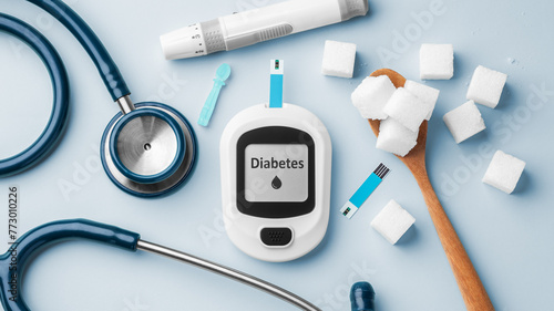 Diabetes concept, blood glucose meter with stethoscope and sugar cubes in spoon on blue background