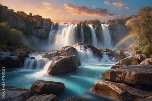 Large Waterfall against Bright Blue Sky and Sunset with Rocks and Mountains © alexx_60