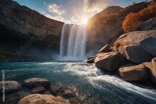 Large Waterfall against Bright Blue Sky and Sunset with Rocks and Mountains