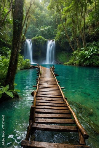 Wooden Path above Water in Green Forest with Waterfall