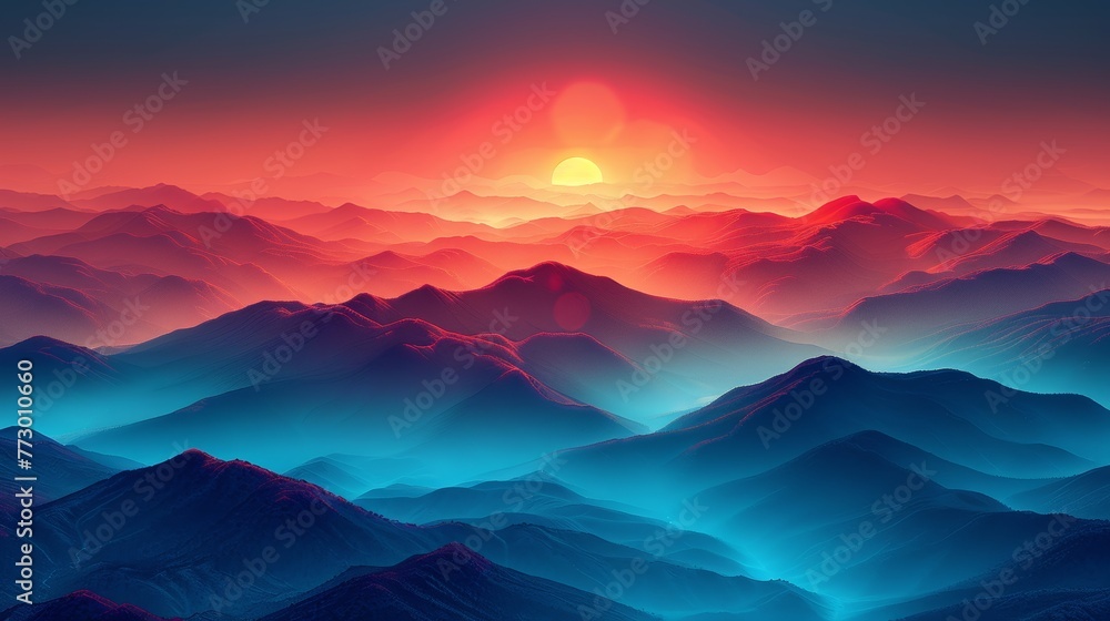 Sunset over layered mountain landscape