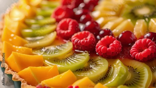 A detail of a fruit tart featuring a colorful array of seasonal fruits like kiwi pineapple and mango. photo