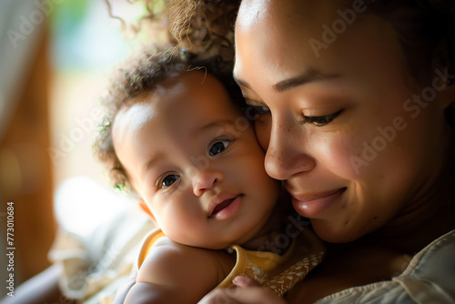 A woman is holding a baby in her arms. The woman is smiling back at the baby, creating a warm and loving atmosphere
