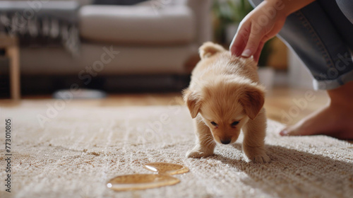 The puppy got the carpet wet. A stain on the floor.