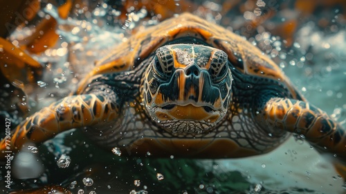 Close-up of a sea turtle underwater with bubbles