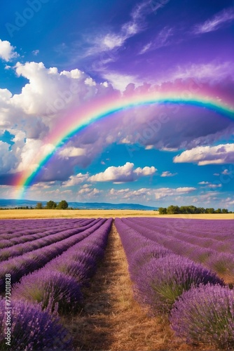 Rainbow in Blue Sky over Lavender Field