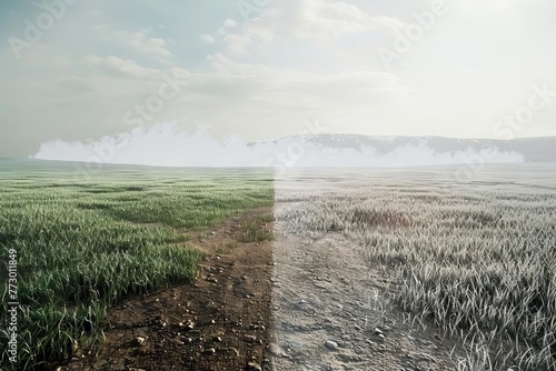 Climate Change Contrast Green Field Transitioning to Barren Wasteland, Concept Art