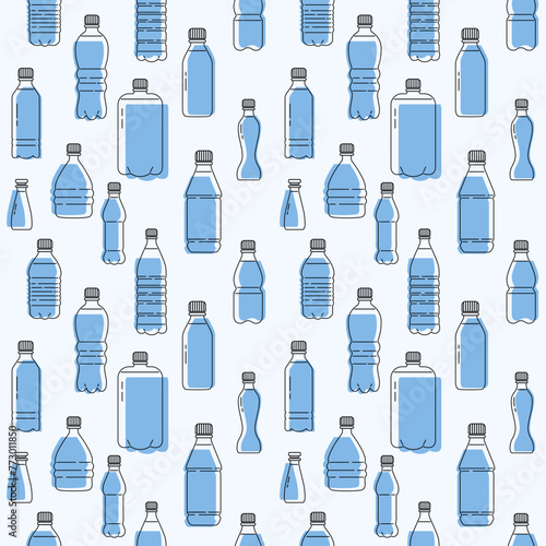 Plastic bottles of different shapes seamless pattern on a blue background