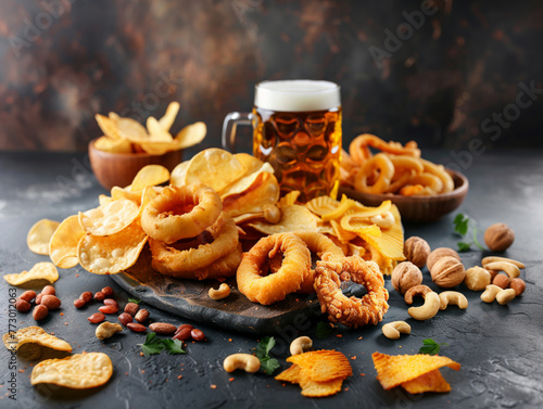 A set of beer snacks, chips, nuts, snacks. Mug of light beer, texture background, wooden tableware