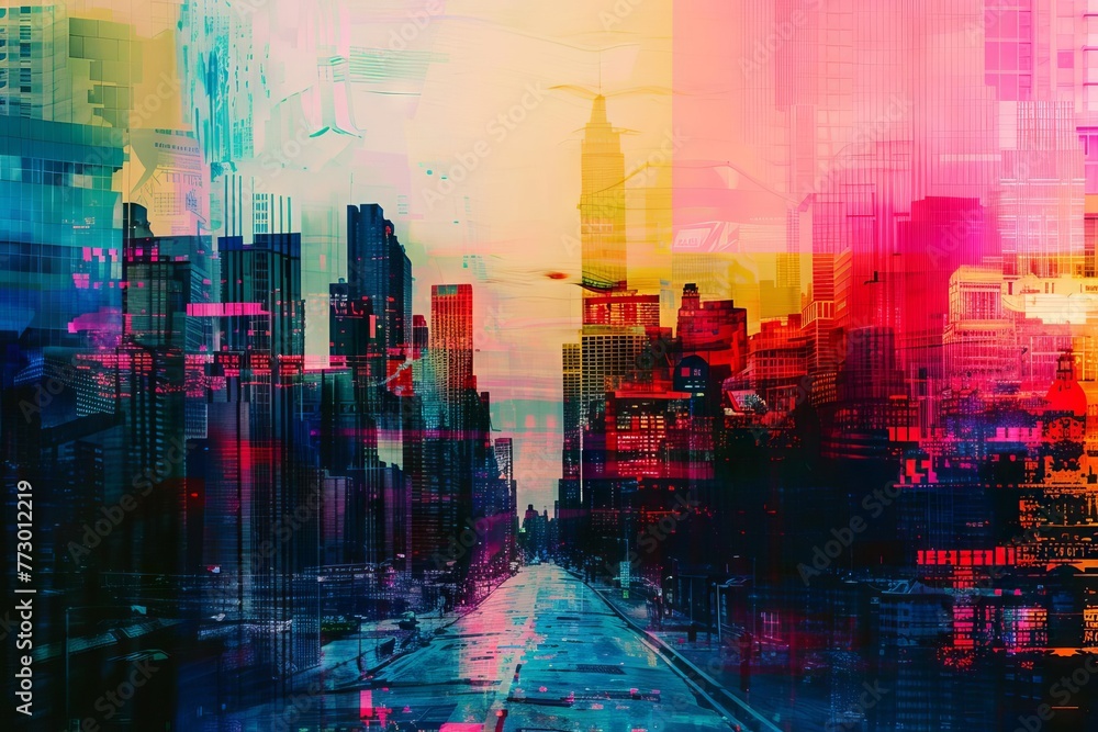 Colorful abstract city background with digital glitch art effect, futuristic urban landscape
