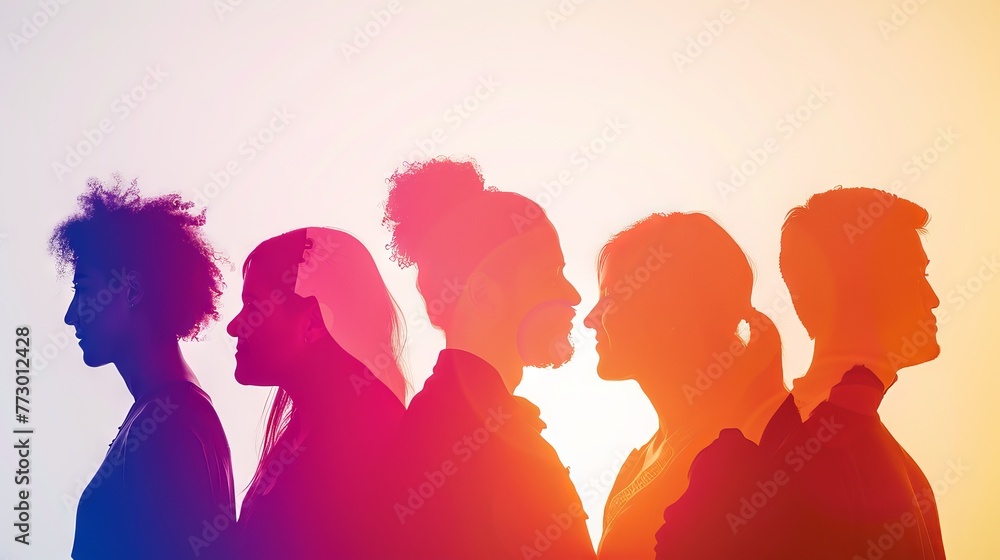 Fototapeta premium Silhouetted side view of diverse group engaging in collaborative discussion, symbolizing unity and partnership in a professional setting