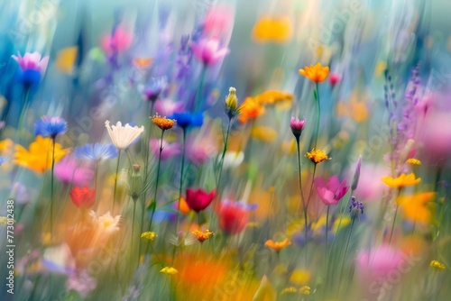 Colorful flower meadow in spring, vibrant abstract landscape photography