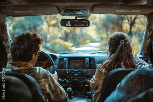 A family road trip, singing songs and playing games in the car while exploring new destinations. A man and a woman are in the back seat of a motor vehicle photo