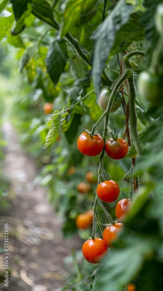 Ripe tomatoes on the vine in a greenhouse