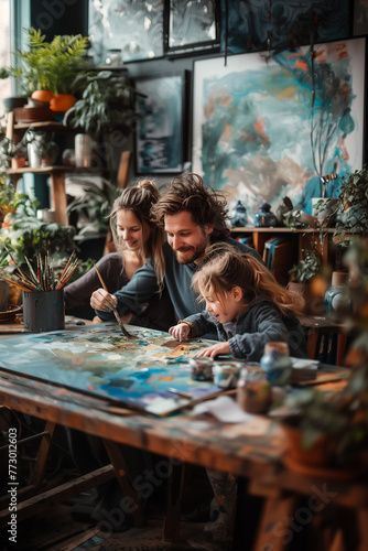 A family painting together on a canvas, expressing their creativity and individuality in a collaborative art project. Family creating art in a studio with table, plant, picture frame, and flowerpot © ivlianna