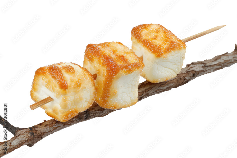 Fried marshmallows on a stick, png isolated on transparent background