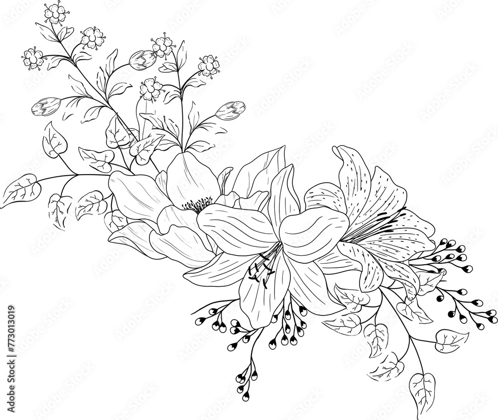 Hand drawn lily floral arrangement with leaves and branches.